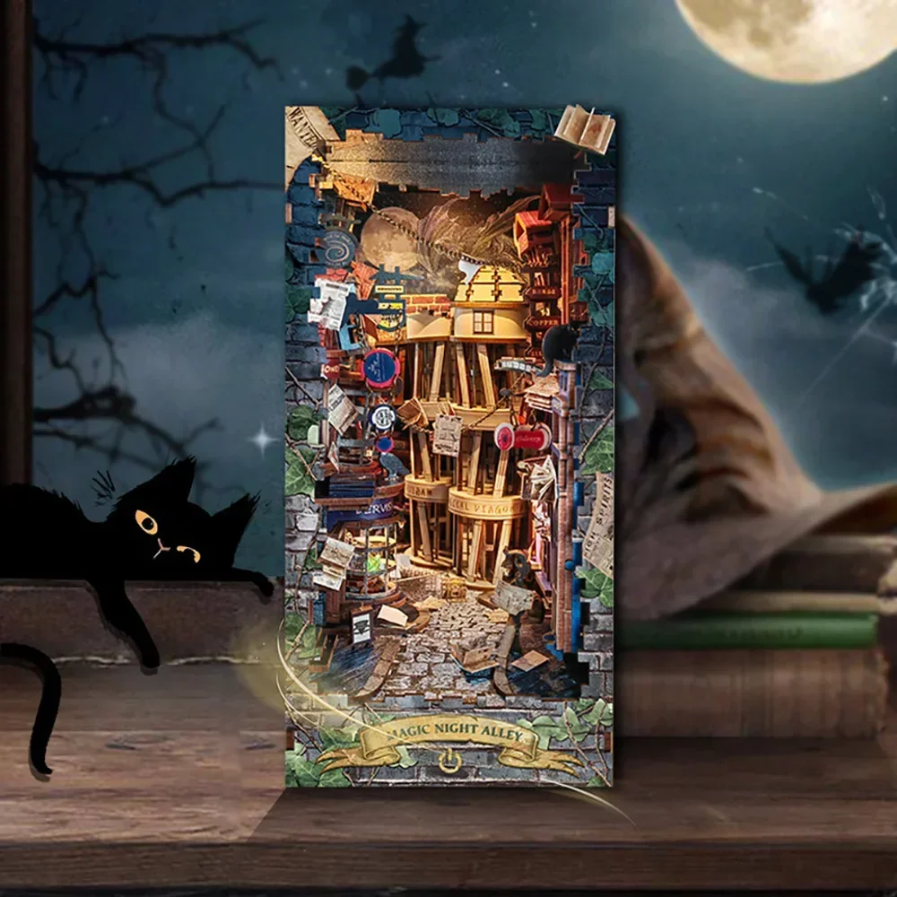 Diy Wooden Book Nook Kit Shelf Insert - Retro DIY Magic Night Alley libro